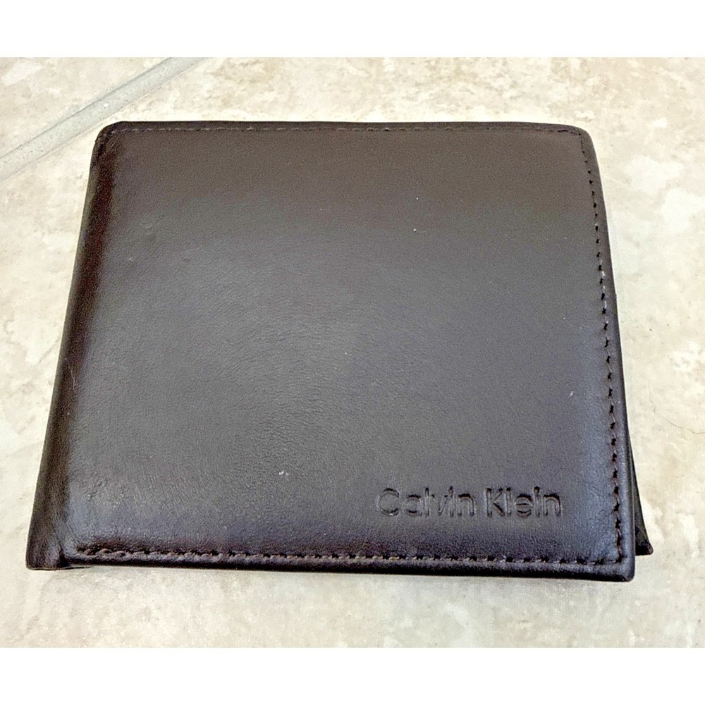 CALVIN KLEIN Brown Leather Wallet Bifold Coin Pocket ID 4x3.5‎ Everyday Casual